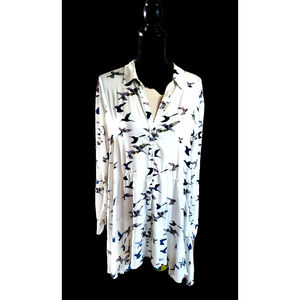 Chelsea & Theodore Bird Print Long-Sleeve Flared Ruffle Hem Button-Up Dress L